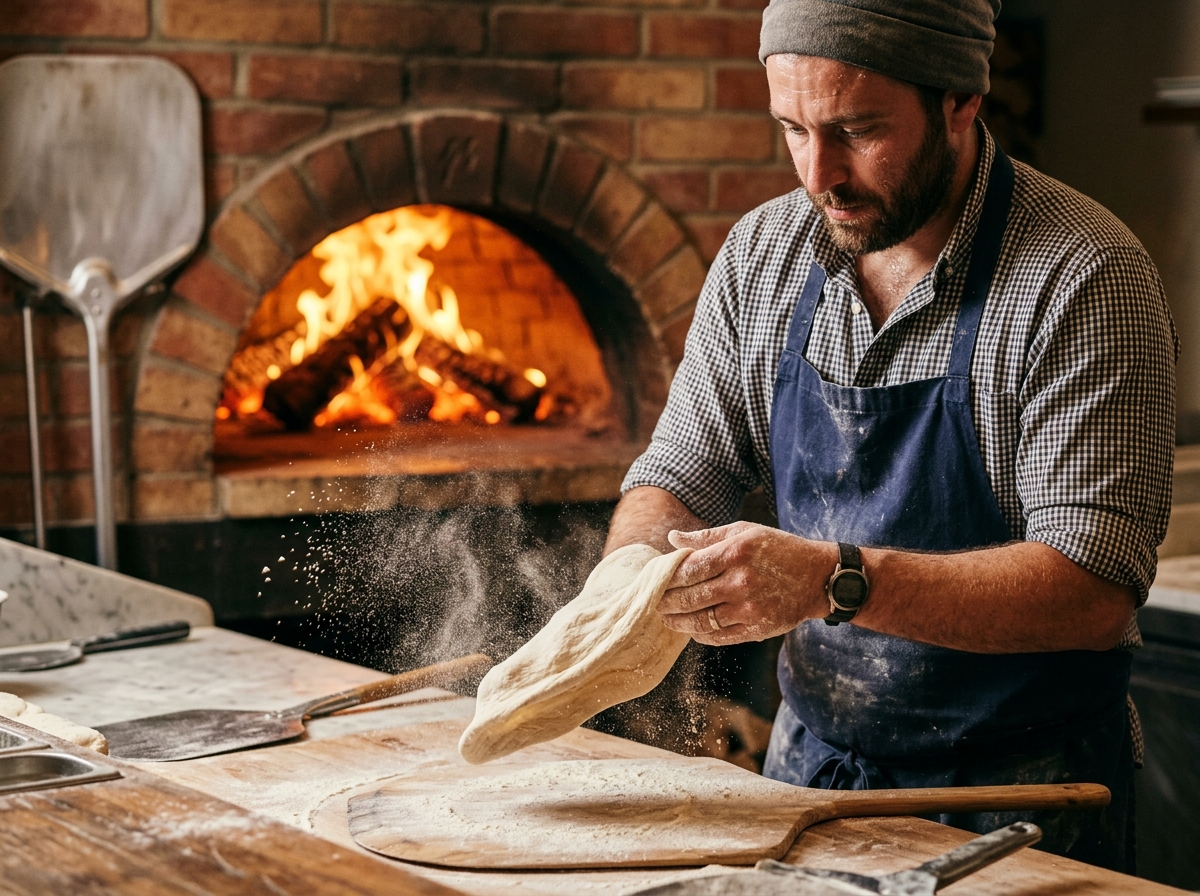 Pizzabäcker bereitet Teig am Holzofen zu